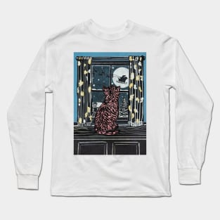 Christmas Linoprint Cat sitting on a windowsill watching Santa fly through the night on his sleigh full of gifts Long Sleeve T-Shirt